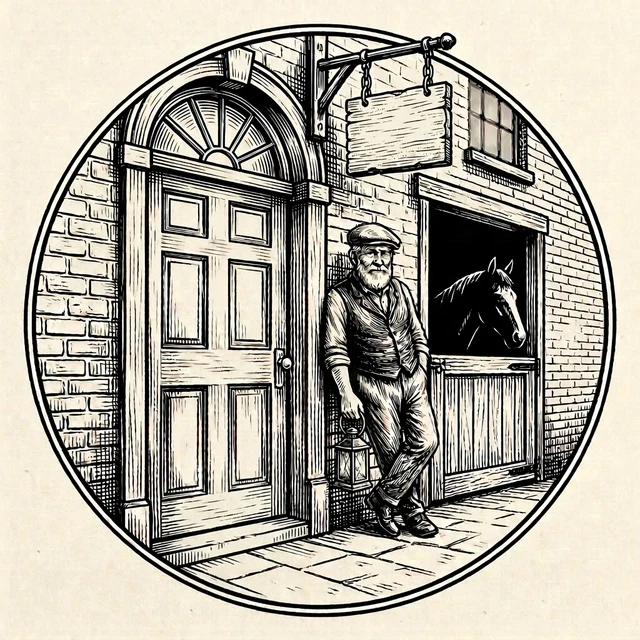 The Hostlerr emblem — a hostler with his lantern waiting at a brick coaching inn, the horse stabled beside the open door.